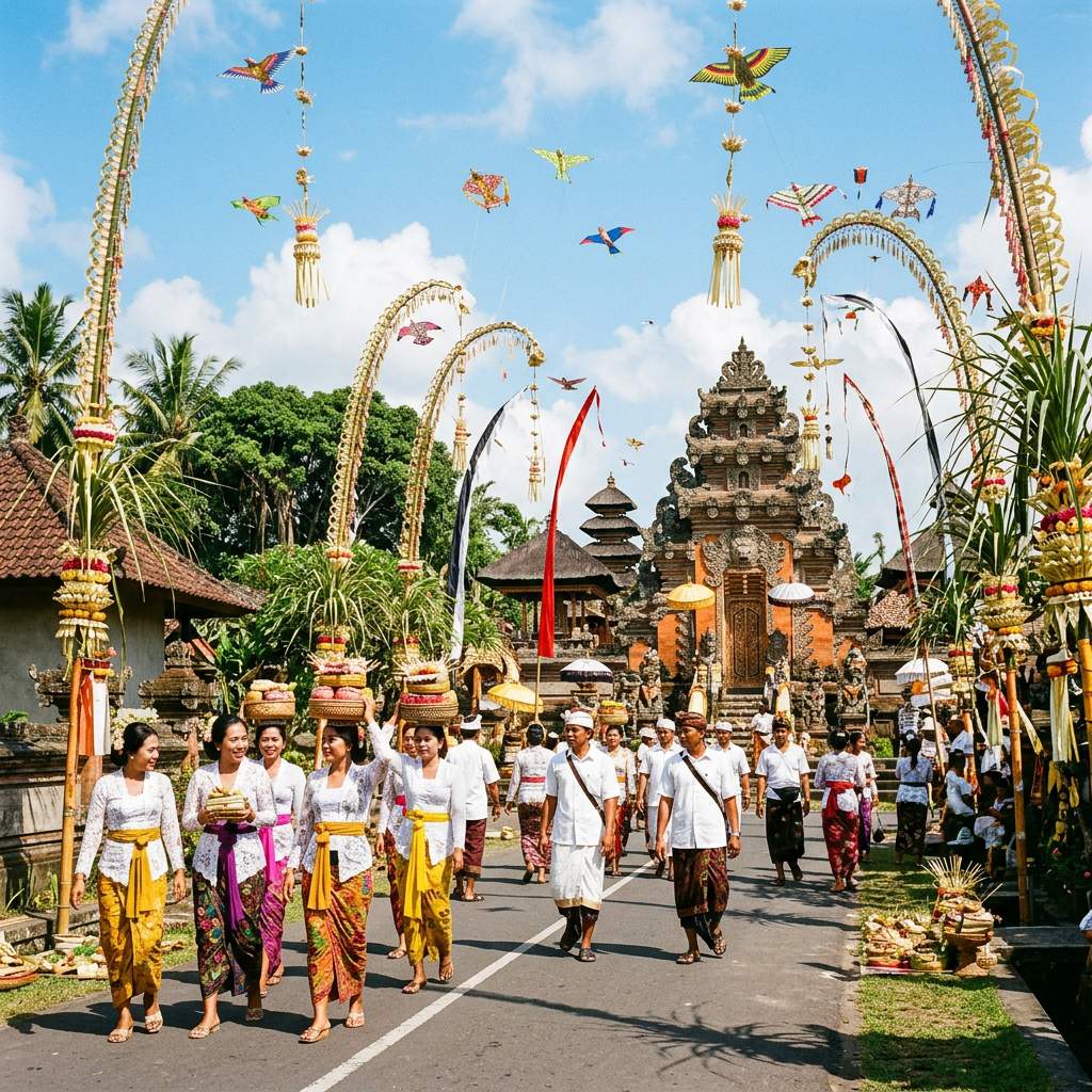 Procession de penjors et offrandes lors d'une fête religieuse à Bali